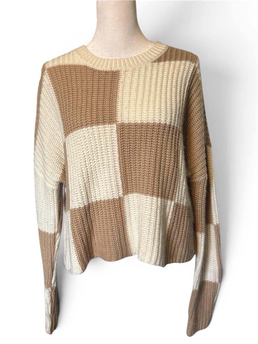 moon & madison Beige and Cream Checker Knit Crew Sweater